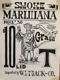 Smoke Marijuana Original Vintage Poster Headshop Weed Joint Drugs 1960s Wetback