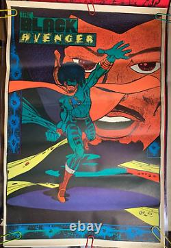 THE BLACK AVENGER VINTAGE 1973 SUPER HERO BLACKLIGHT POSTER By JOKER -NICE