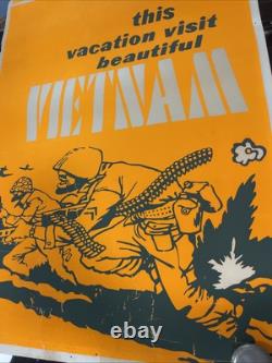 This vacation visit Vietnam black light poster original vintage orange 1970s