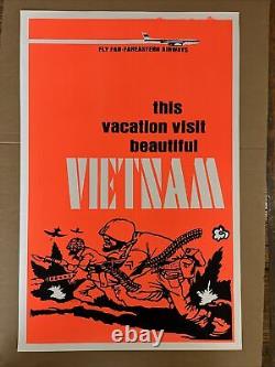 This vacation visit Vietnam black light poster original vintage orange 1970s pea