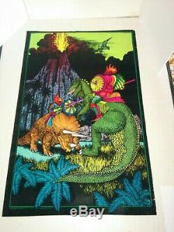 VIntage Black Light POSTER Western Graphics 70s KNIGHTS JOUSTING ON DINOSAURS