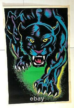 VTG 1970s'King of the Night' Poster #1604 Black Light Panther Jungle Cat Velvet