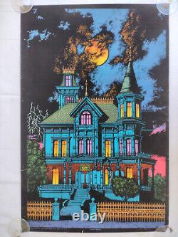 VTG 1970s Western Graphics Ominous Mansion Velvet Blacklight Poster 33x21