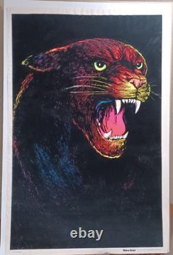 Velva-Print 1970s Vintage Blacklight Poster RARE COUGAR Velvet Fuzzy Felt
