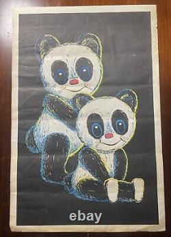 Vintage 1960s 70s Blacklight Poster Cute Panda Bears Not Flocked Very Rare 23x35