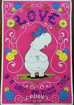 Vintage 1969 Black Light Psychadelic Hippo Poster, Celestial Arts San Francisco