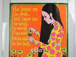 Vintage 1969 HE LOVES ME HE DON'T Hippie Girl Woman Blacklight Poster RARE NOS