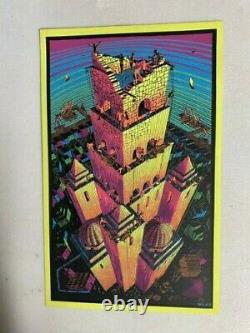 Vintage 1970 Black Light silk screen mini poster Tower of Babel 8x123/4