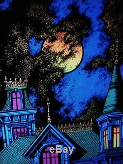 Vintage 1970's Ominous Mansion Flocked Blacklight Poster Good Used Condition