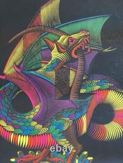 Vintage 1970s Psychedelic Dragon Poster Escher Style Blacklight Art 29x23