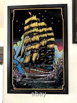 Vintage 1970s black light poster Pirate Ship 23x35
