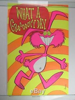 Vintage 1971 WHAT A GROOVY DAY Blacklight Poster Psychedelic Bunny Rabbit NOS