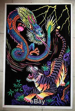 Vintage 1978 Battle To The Death Dragon Vs Tiger Velvet Blacklight Poster New