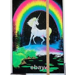Vintage 1980's Unicorn In Paradise Funky 22.5x34 Flocked Blacklight Poster USA