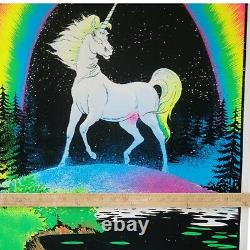 Vintage 1980's Unicorn In Paradise Funky 22.5x34 Flocked Blacklight Poster USA