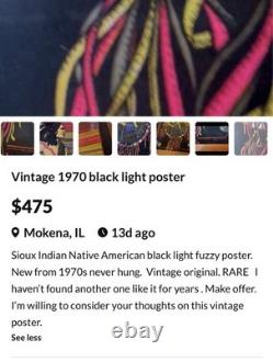 Vintage 70 Black Light Poster Psychedelic New Old Stock Tribal Indian Art USA