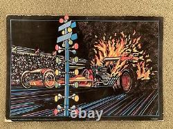 Vintage 70's Blacklight Felt Poster Fueler dragster dragstrip hardboard 31x21