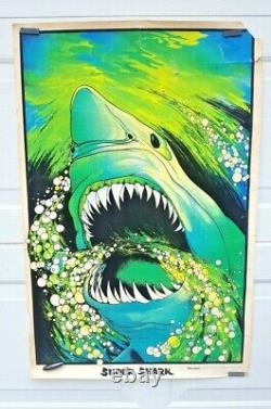 Vintage 70's Flocked Black Light Poster Super Shark Velva Print 1975 Damage