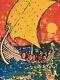 Vintage 70s Black Light Viking Ship Poster Silk Screen