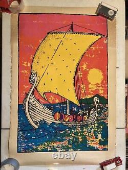 Vintage 70s Black Light Viking Ship Poster Silk Screen