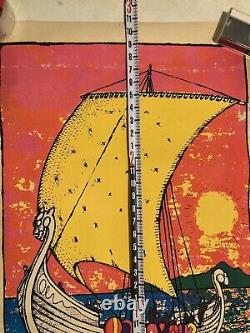Vintage 70s Black Light Viking Ship Poster Silk Screen