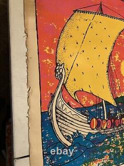 Vintage 70s Black Light Viking Ship Poster Silk Screen