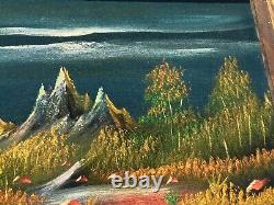 Vintage 70s Paint on Felt Psychedelic Black Light Painting Tranquil Scene Signed