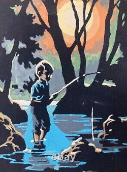 Vintage 70s Paint on Felt Psychedelic Black Light Poster Tranquil Fishing Scene