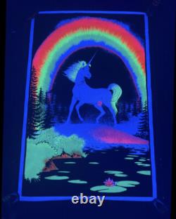 Vintage 80's Unicorn In Paradise Funky 22.5x34 Flocked Blacklight Poster USA