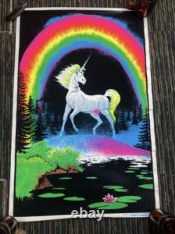 Vintage 80's Unicorn In Paradise Funky 22.5x34 Flocked Blacklight Poster USA