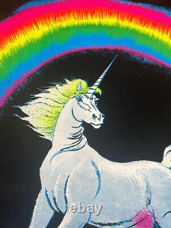 Vintage 80's Unicorn In Paradise Funky 22.5x34 Flocked Blacklight Poster USA