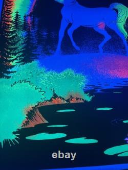 Vintage 80's Unicorn In Paradise Funky 22.5x34 Flocked Blacklight Poster USA