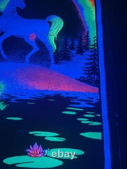 Vintage 80's Unicorn In Paradise Funky 22.5x34 Flocked Blacklight Poster USA