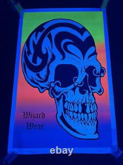 Vintage 90's Wizard Wear RARE 1996 Tribal Skull Blacklight Poster 23x35 USA