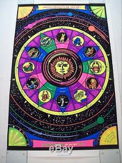 Vintage Aquarian Age Black Light Poster Zodiac Astrology Table Of Houses 23x35