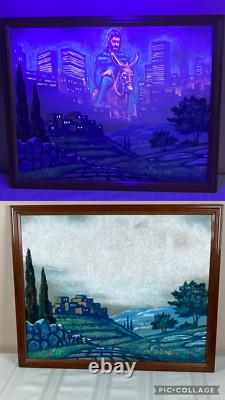 Vintage Black Light Jesus Christ On Donkey City Scape Picture 17 x 21