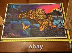 Vintage Black Light Poster Butterfly Jaguar Cat Wildlife Art USA Psychedelic 70s