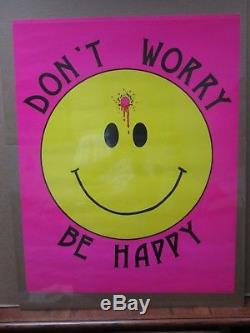 Vintage Black Light Poster Psychedelic DON'T Worry be HAPPY 1989 Face In#G1175