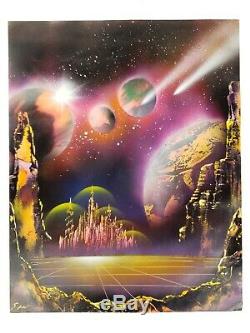 Vintage Black Light Poster Psychedelic Planets Space Cityscape Painting Signed