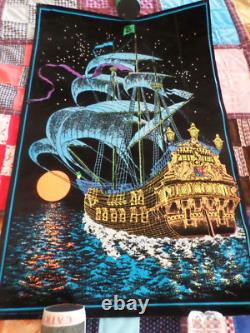 Vintage Blacklight Velvet Poster Fuzzy Pirate Ghost Sailing Ship 21W x 32 H