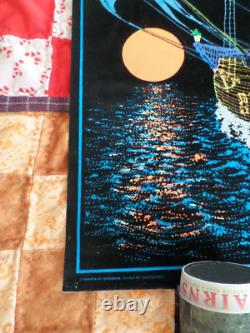 Vintage Blacklight Velvet Poster Fuzzy Pirate Ghost Sailing Ship 21W x 32 H