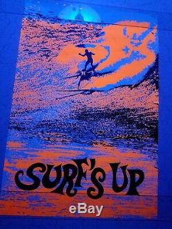 Vintage Blacklight hippie fluorescent poster rare surf's up 1970s surfer surfing