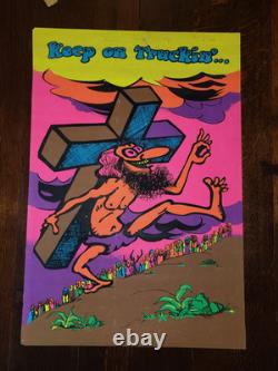 Vintage Jesus KEEP ON TRUCKIN' Blacklight Poster 60s 70s Parody Christ Cross
