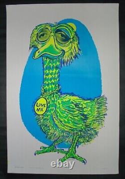 Vintage LOVE ME blacklight poster Cocorico charming weird unusual bird 1968 NOS