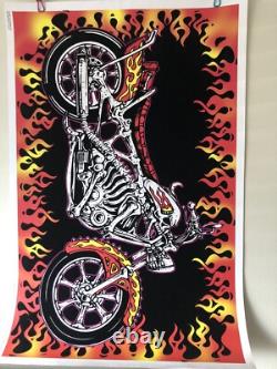 Vintage Motor Bones Motorcycle Flames Flocked Blacklight 23x35 Poster USA