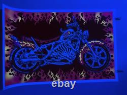 Vintage Motor Bones Motorcycle Flames Flocked Blacklight 23x35 Poster USA