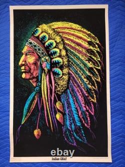 Vintage Native American CHIEF Original Blacklight Poster Flocked 60s 70s Indian