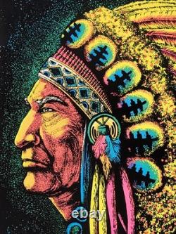 Vintage Native American CHIEF Original Blacklight Poster Flocked 60s 70s Indian