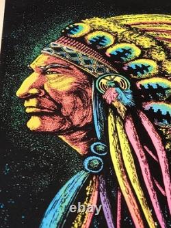 Vintage Native American CHIEF Original Blacklight Poster Flocked 60s 70s Indian