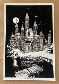 Vintage Original 1970s Velvet Flocked Medieval Times Castle Blacklight Poster